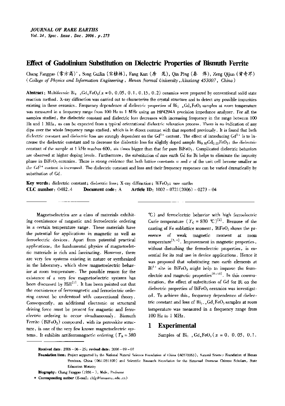 Effect of Gadolinium Substitution on Dielectric Properties of Bismuth Ferrite 