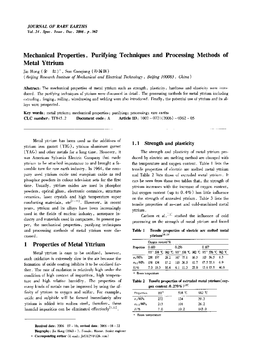 Mechanical Properties, Purifying Techniques and Processing Methods of Metal Yttrium