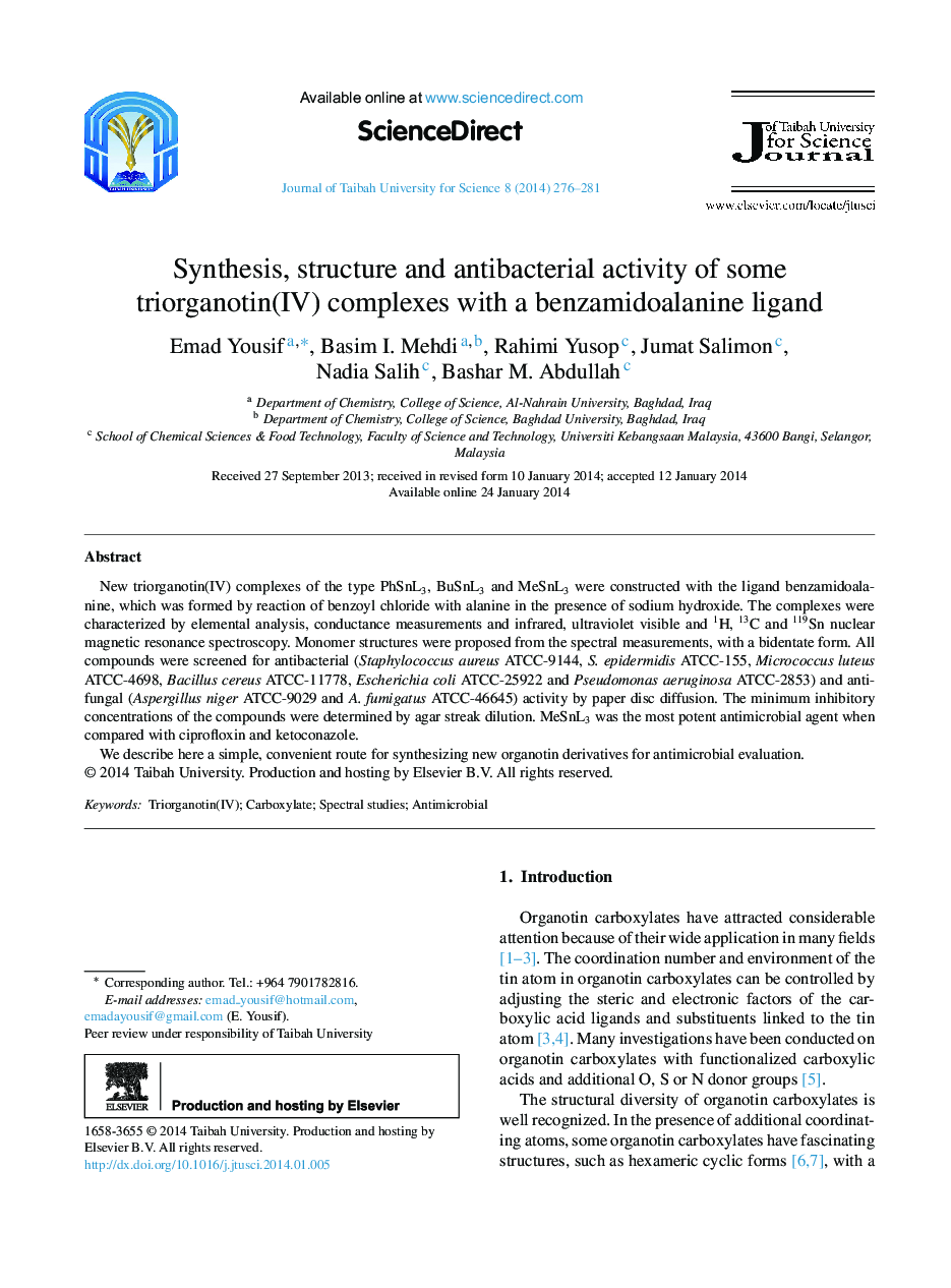 Synthesis, structure and antibacterial activity of some triorganotin(IV) complexes with a benzamidoalanine ligand 