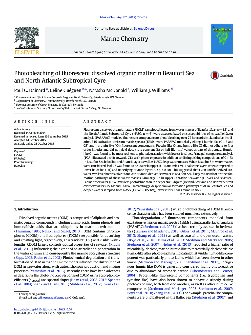 Photobleaching of fluorescent dissolved organic matter in Beaufort Sea and North Atlantic Subtropical Gyre