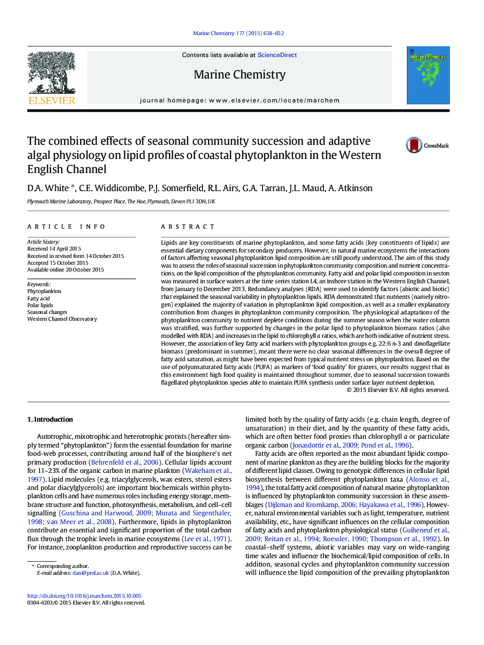 The combined effects of seasonal community succession and adaptive algal physiology on lipid profiles of coastal phytoplankton in the Western English Channel