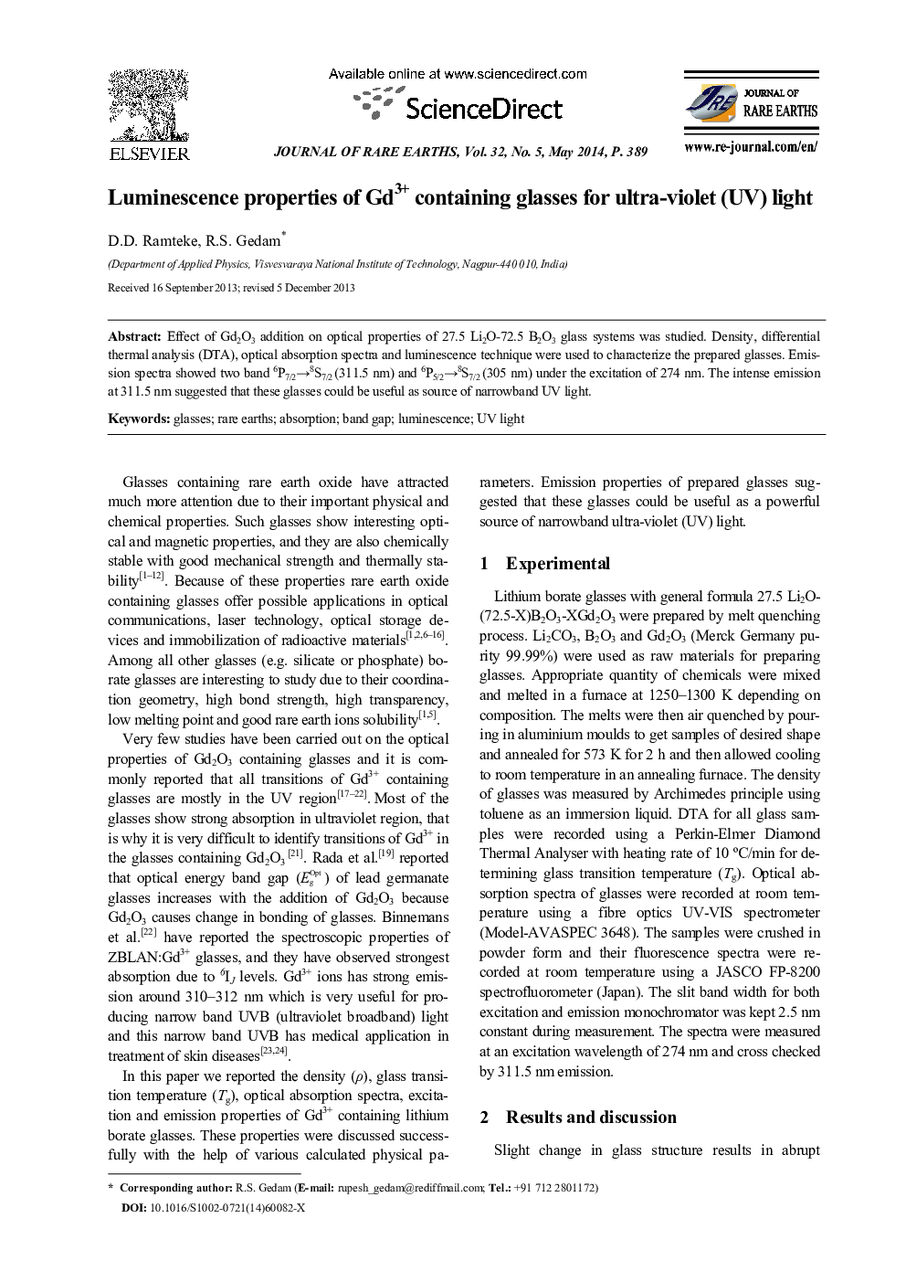 Luminescence properties of Gd3+ containing glasses for ultra-violet (UV) light