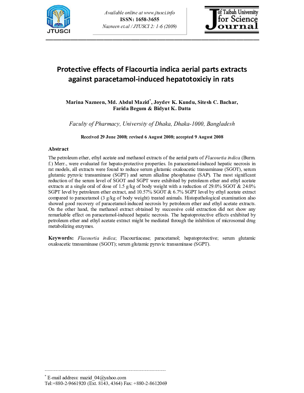 Protective effects of Flacourtia indica aerial parts extracts against paracetamol-induced hepatotoxiciy in rats