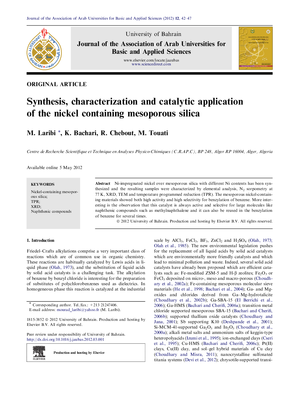 عکس صفحه اول مقاله: Synthesis, characterization and catalytic application of the nickel containing mesoporous silica Synthesis, characterization and catalytic application of the nickel containing mesoporous silica