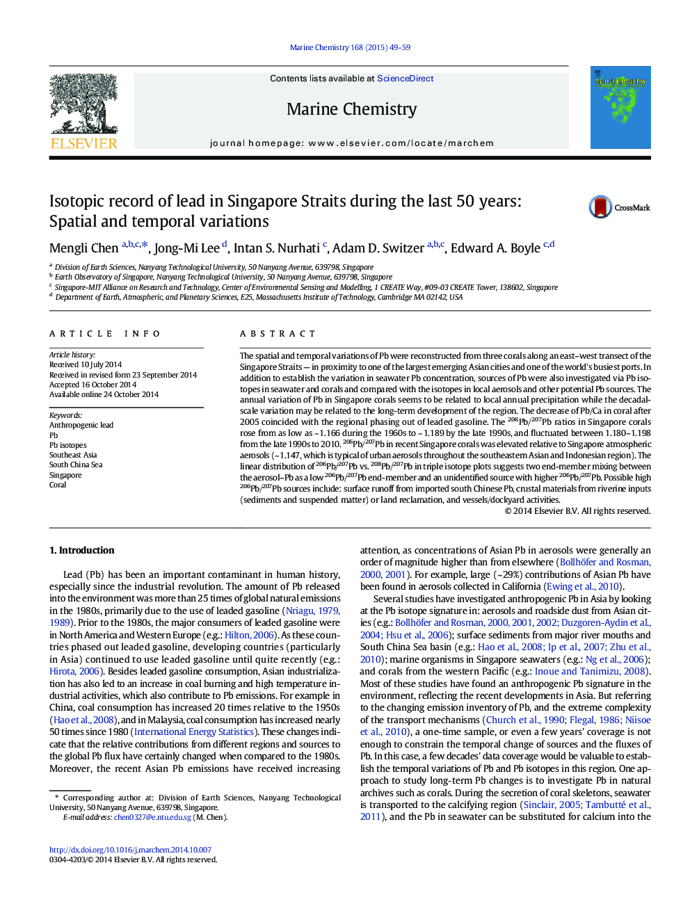 Isotopic record of lead in Singapore Straits during the last 50 years: Spatial and temporal variations