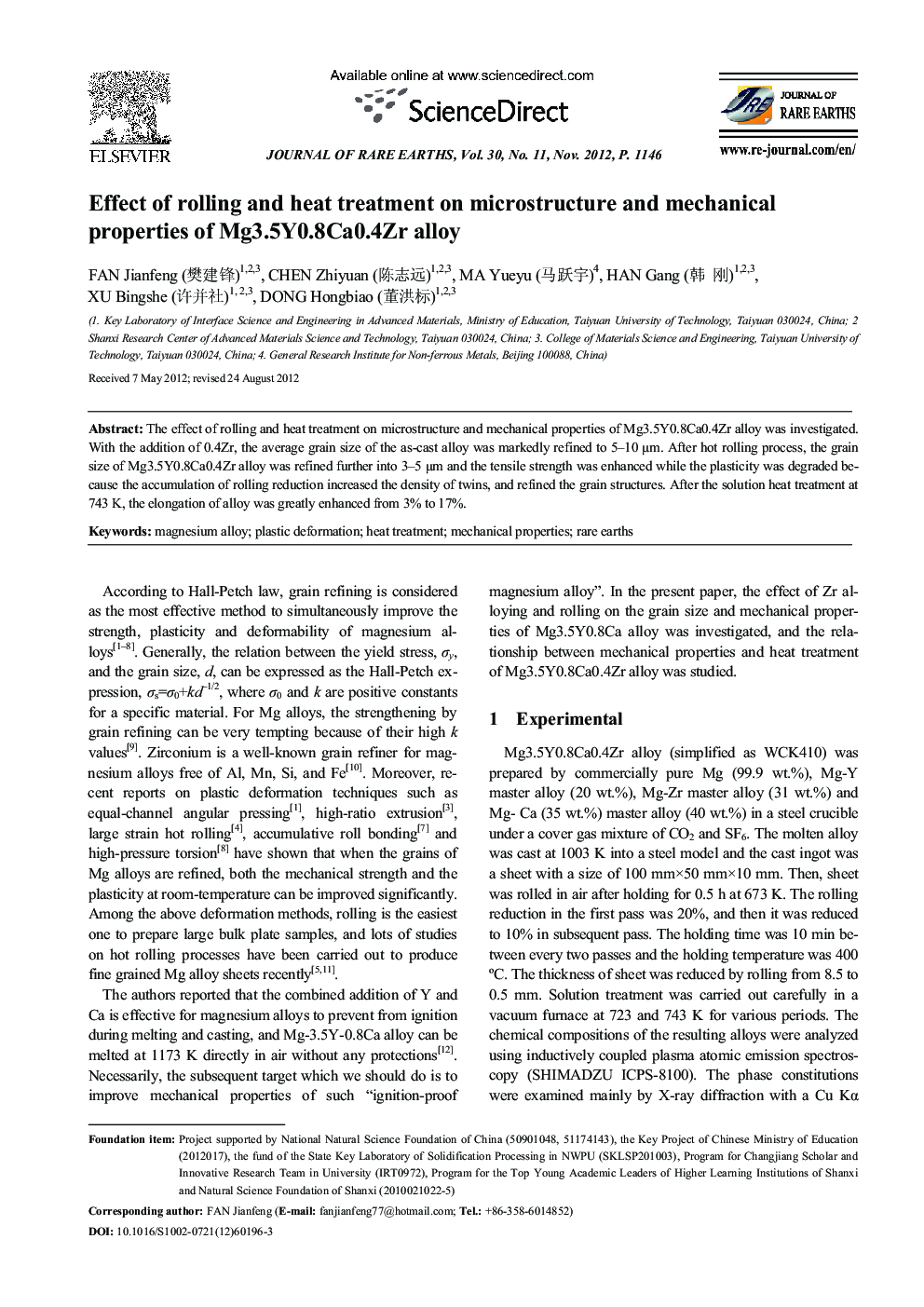Effect of rolling and heat treatment on microstructure and mechanical properties of Mg3.5Y0.8Ca0.4Zr alloy 