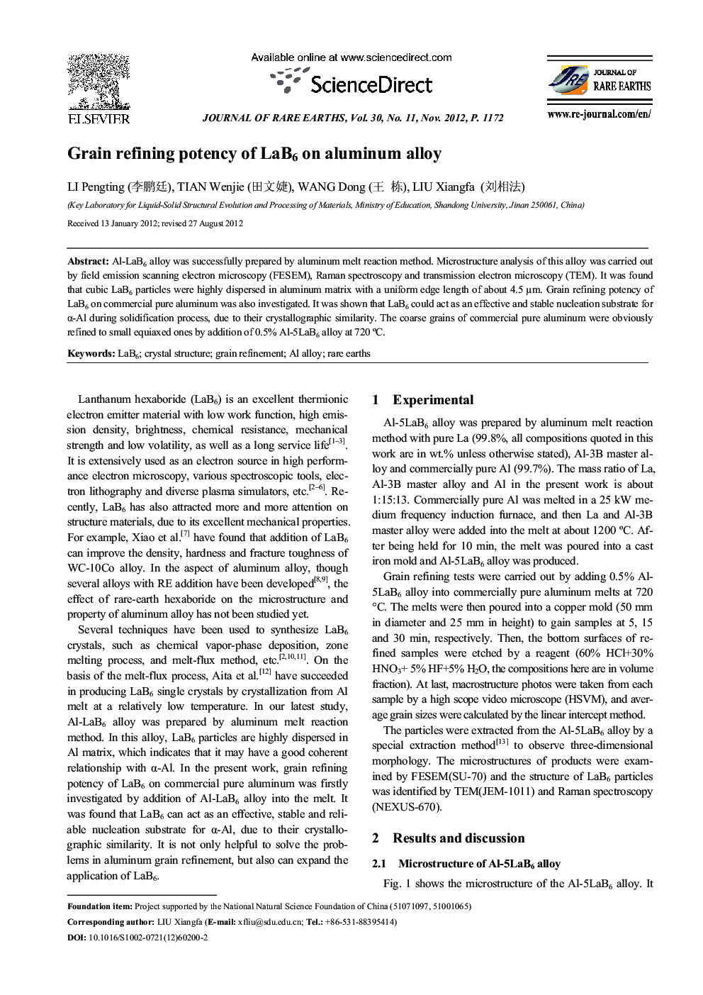 Grain refining potency of LaB6 on aluminum alloy 