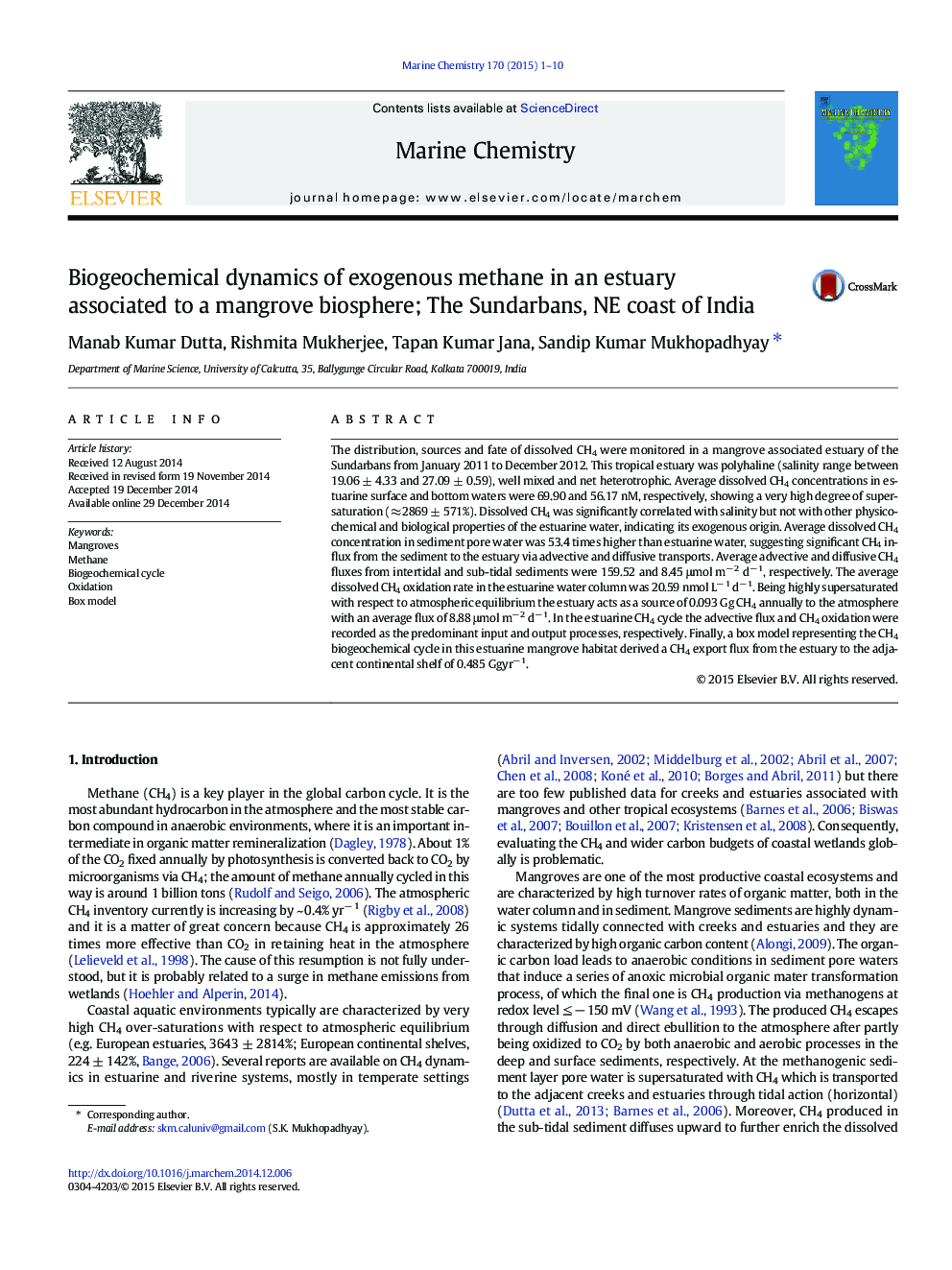 Biogeochemical dynamics of exogenous methane in an estuary associated to a mangrove biosphere; The Sundarbans, NE coast of India