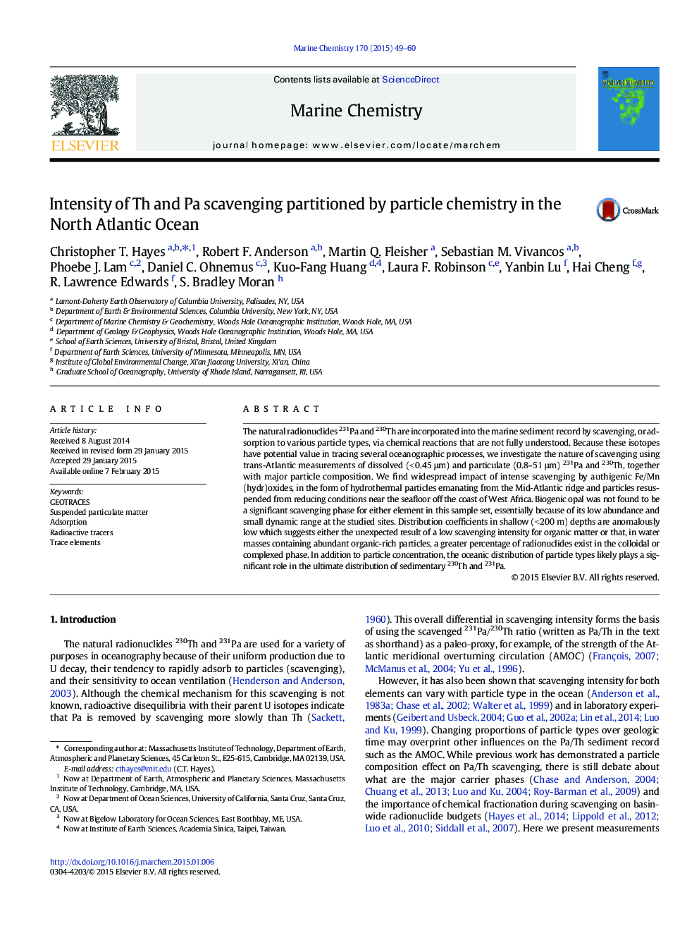 Intensity of Th and Pa scavenging partitioned by particle chemistry in the North Atlantic Ocean