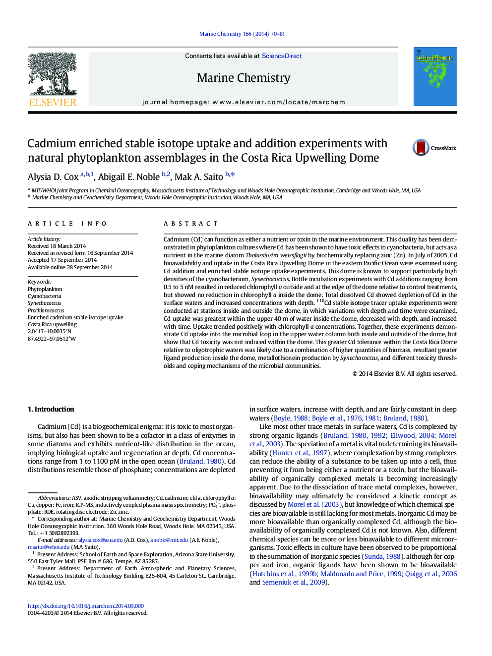 Cadmium enriched stable isotope uptake and addition experiments with natural phytoplankton assemblages in the Costa Rica Upwelling Dome