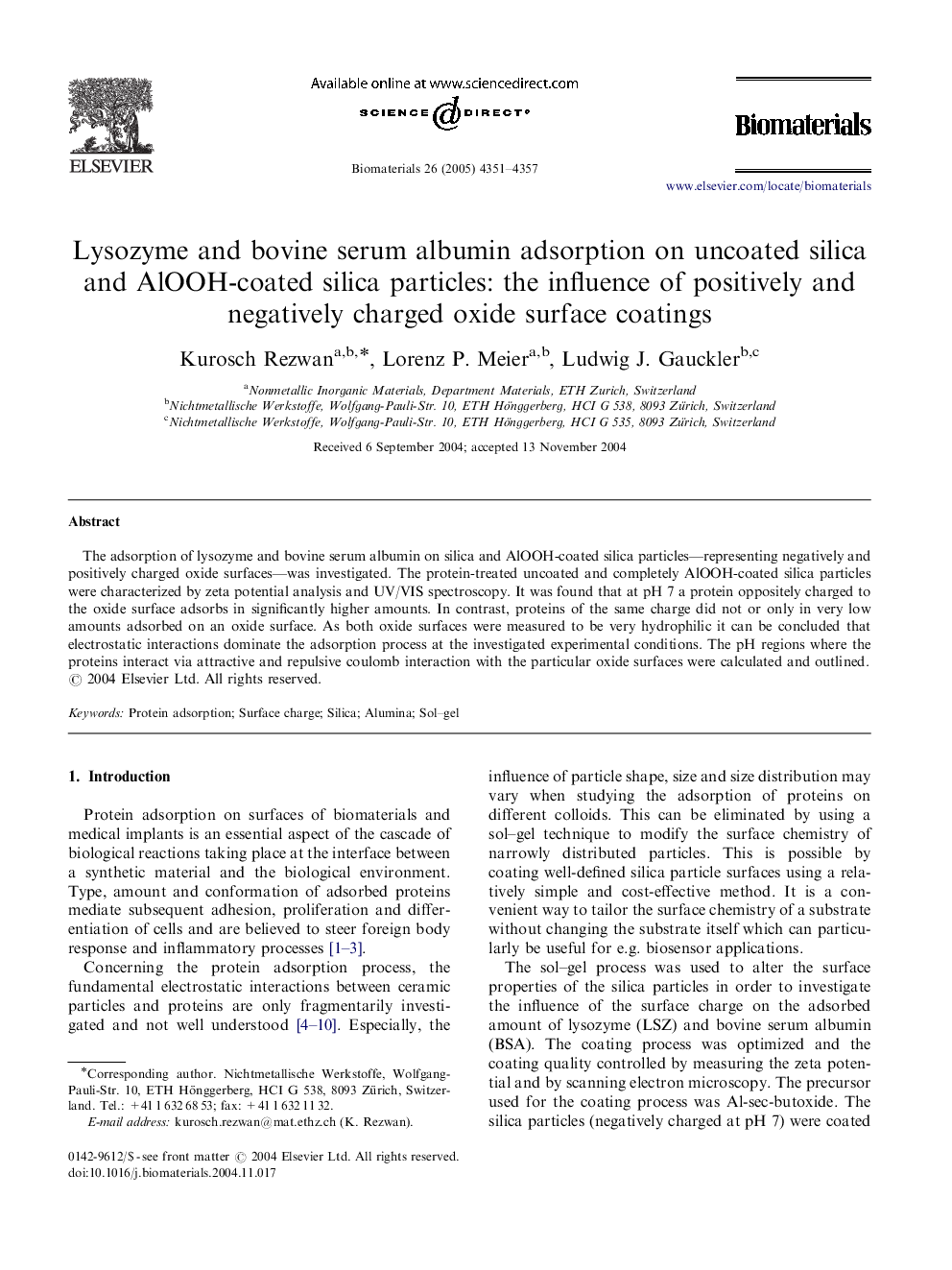 Lysozyme and bovine serum albumin adsorption on uncoated silica and AlOOH-coated silica particles: the influence of positively and negatively charged oxide surface coatings