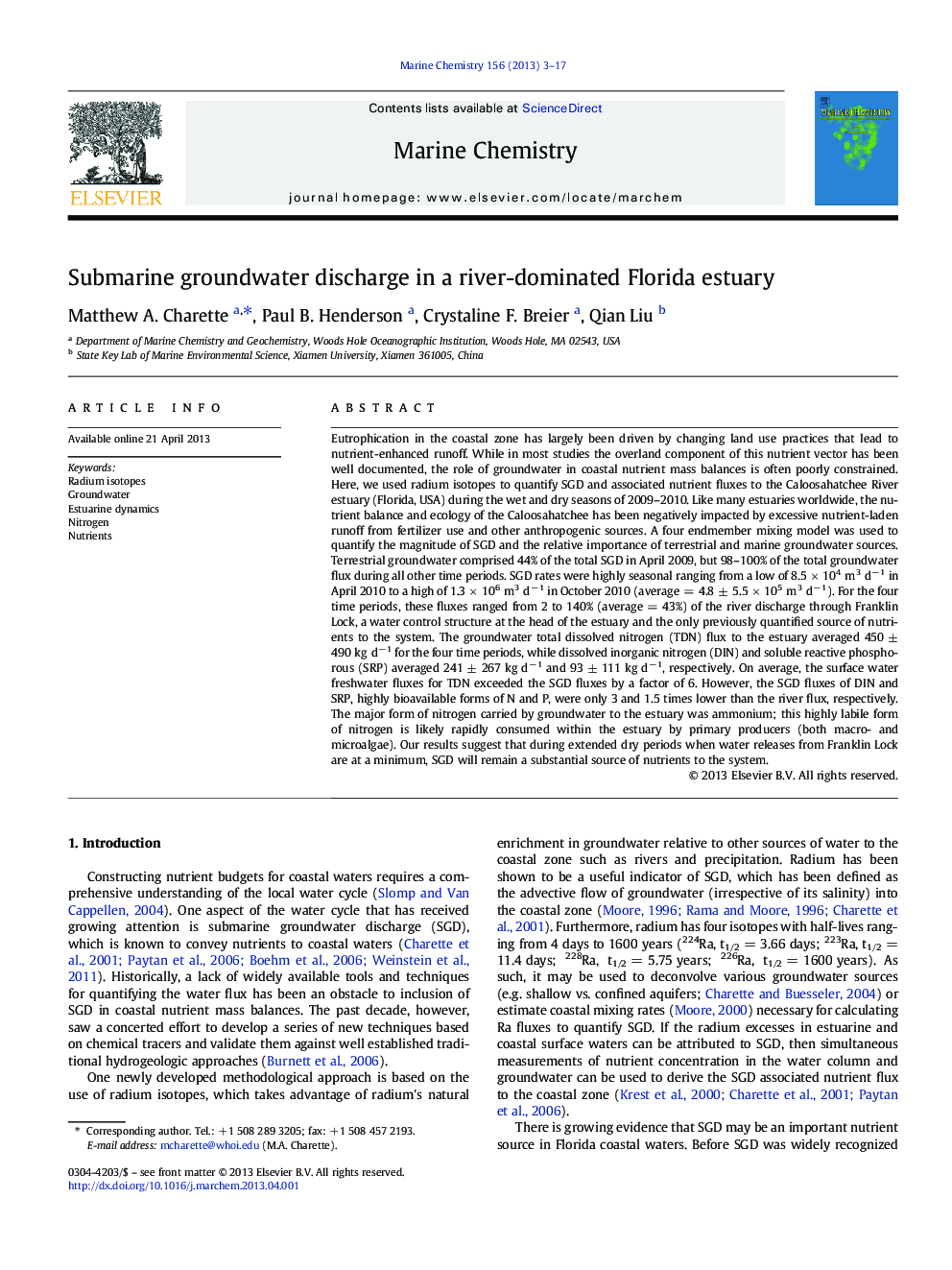 Submarine groundwater discharge in a river-dominated Florida estuary