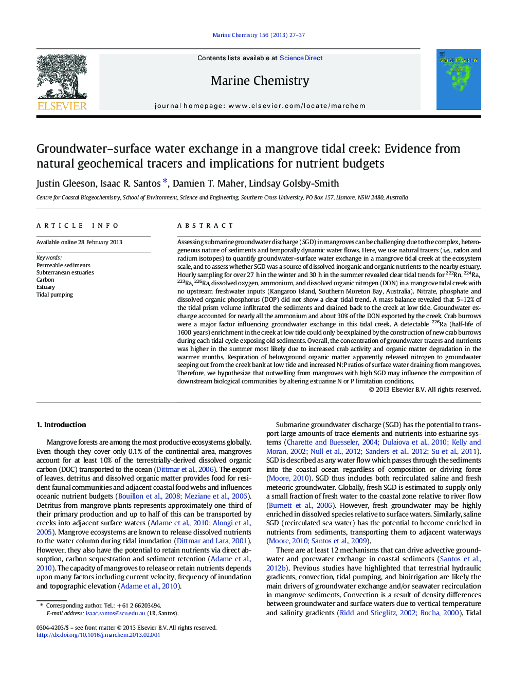 Groundwater–surface water exchange in a mangrove tidal creek: Evidence from natural geochemical tracers and implications for nutrient budgets