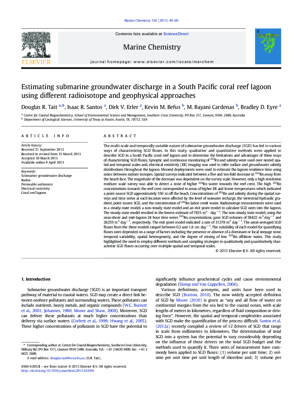 Estimating submarine groundwater discharge in a South Pacific coral reef lagoon using different radioisotope and geophysical approaches