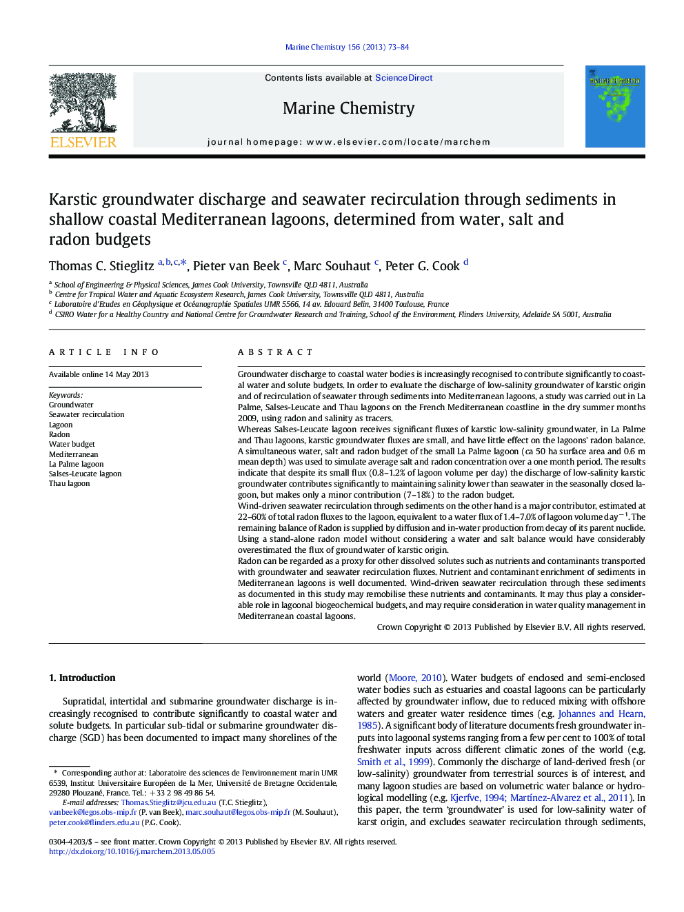 Karstic groundwater discharge and seawater recirculation through sediments in shallow coastal Mediterranean lagoons, determined from water, salt and radon budgets