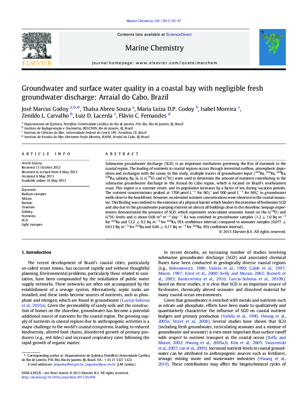 Groundwater and surface water quality in a coastal bay with negligible fresh groundwater discharge: Arraial do Cabo, Brazil