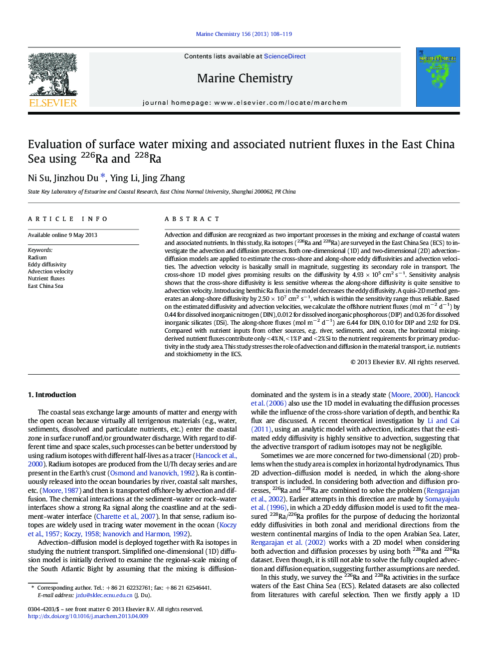 Evaluation of surface water mixing and associated nutrient fluxes in the East China Sea using 226Ra and 228Ra