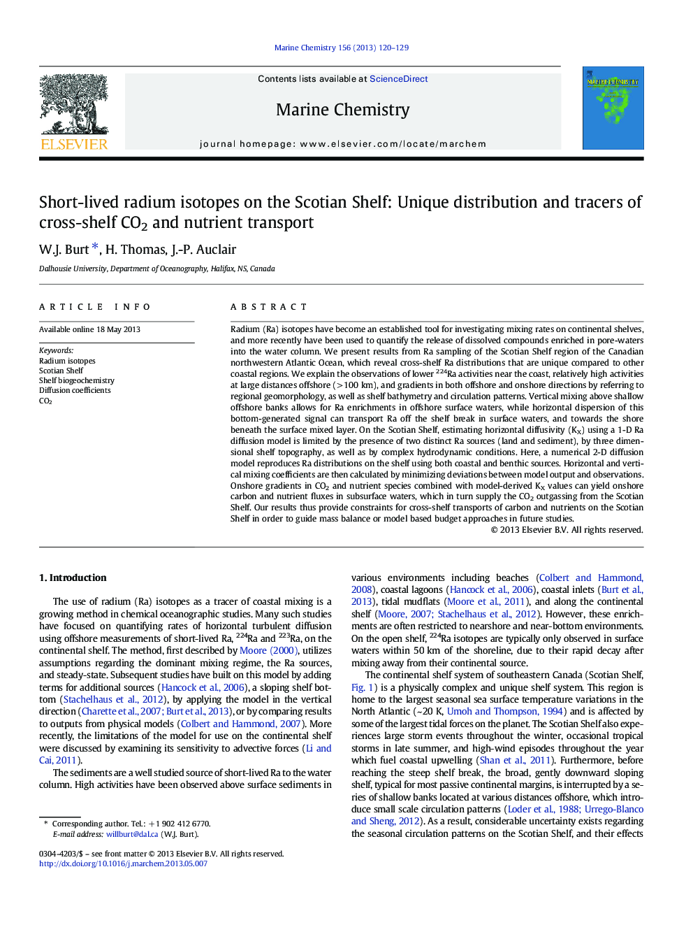 Short-lived radium isotopes on the Scotian Shelf: Unique distribution and tracers of cross-shelf CO2 and nutrient transport