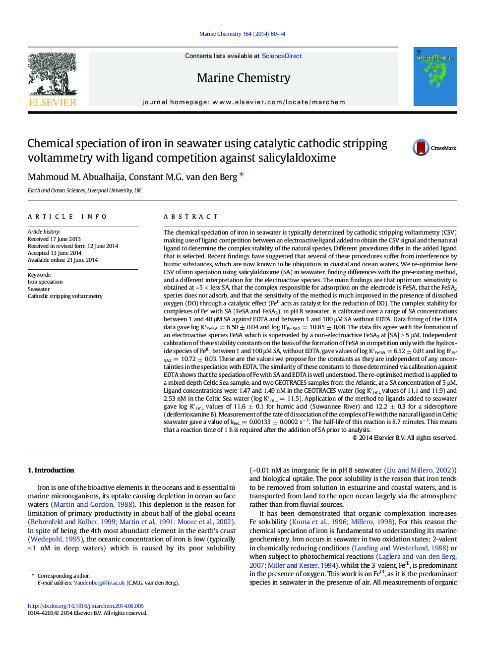 Chemical speciation of iron in seawater using catalytic cathodic stripping voltammetry with ligand competition against salicylaldoxime