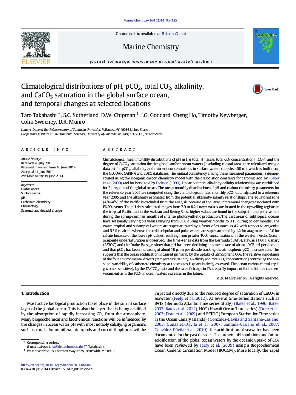 Climatological distributions of pH, pCO2, total CO2, alkalinity, and CaCO3 saturation in the global surface ocean, and temporal changes at selected locations