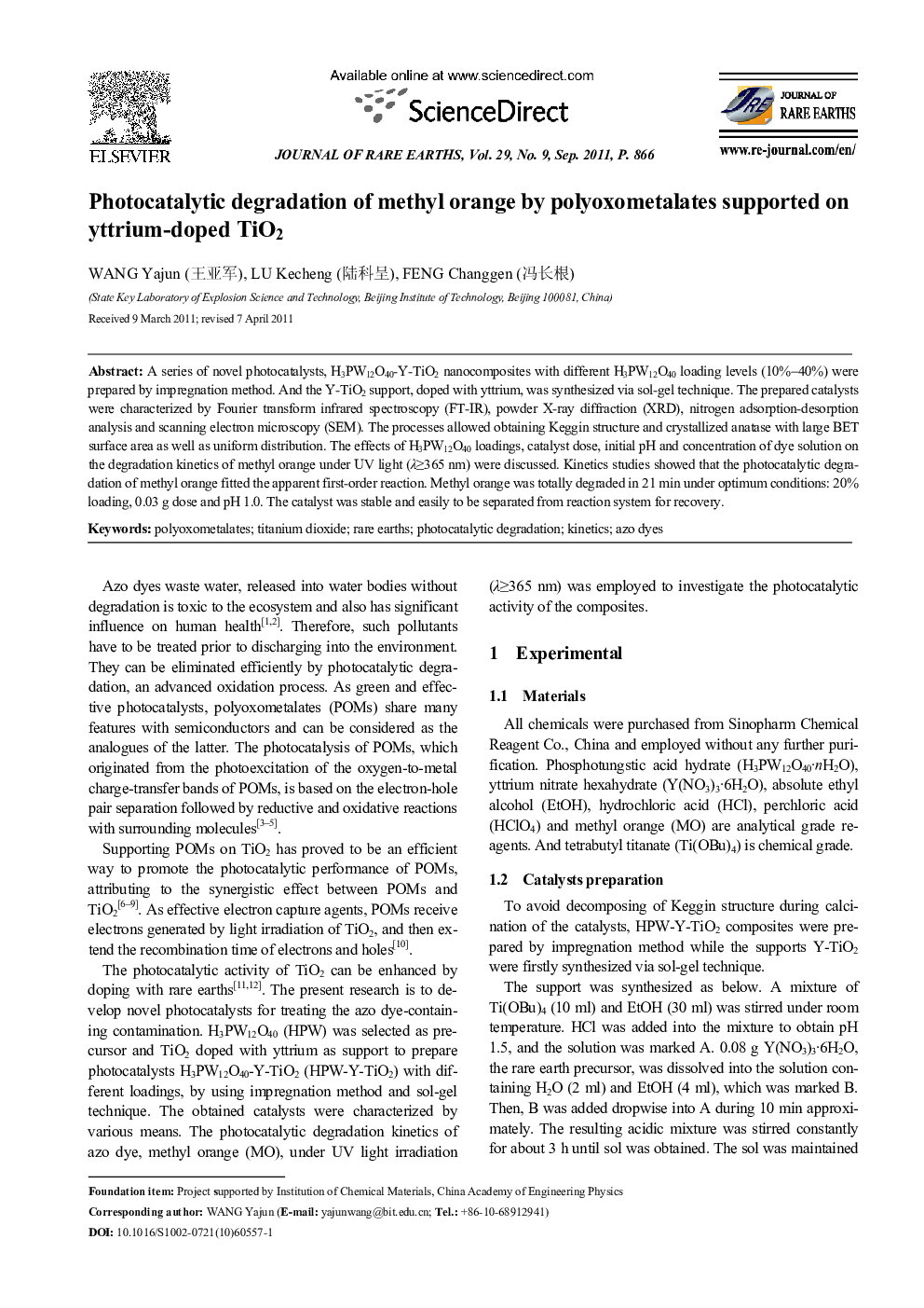 Photocatalytic degradation of methyl orange by polyoxometalates supported on yttrium-doped TiO2