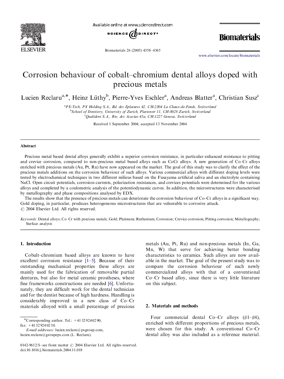 Corrosion behaviour of cobalt–chromium dental alloys doped with precious metals