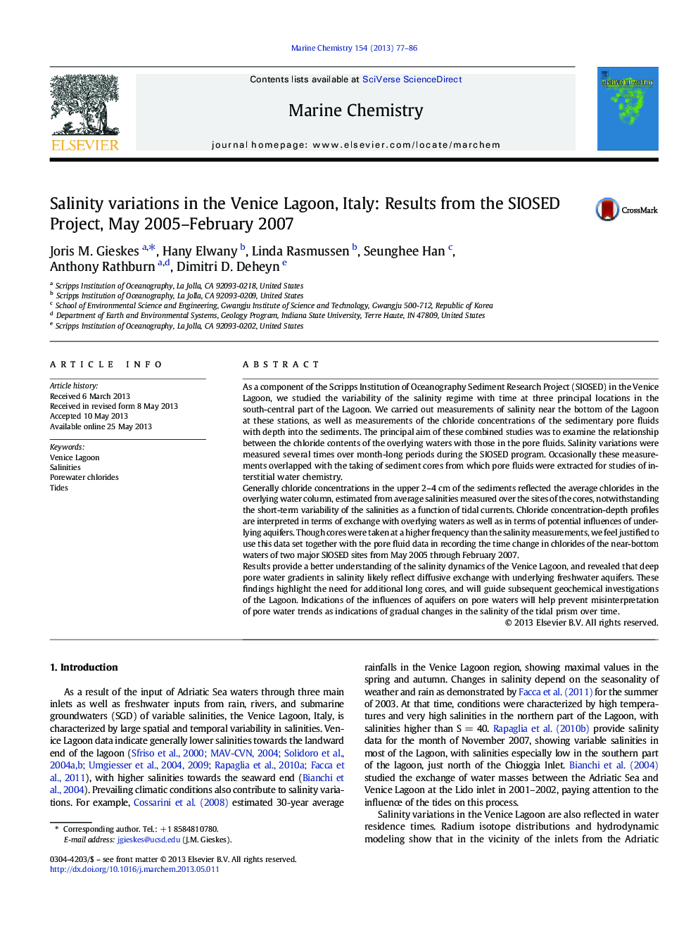 Salinity variations in the Venice Lagoon, Italy: Results from the SIOSED Project, May 2005–February 2007