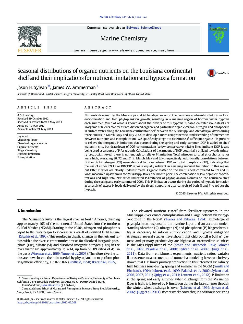 Seasonal distributions of organic nutrients on the Louisiana continental shelf and their implications for nutrient limitation and hypoxia formation