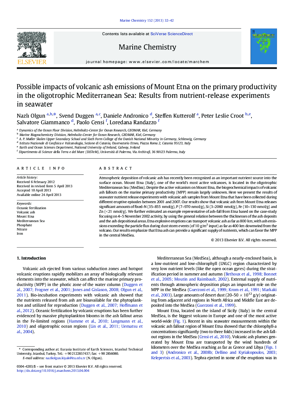 Possible impacts of volcanic ash emissions of Mount Etna on the primary productivity in the oligotrophic Mediterranean Sea: Results from nutrient-release experiments in seawater