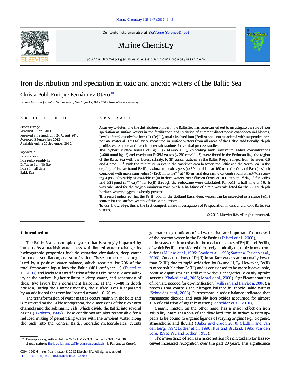 عکس صفحه اول مقاله: Iron distribution and speciation in oxic and anoxic waters of the Baltic Sea Iron distribution and speciation in oxic and anoxic waters of the Baltic Sea