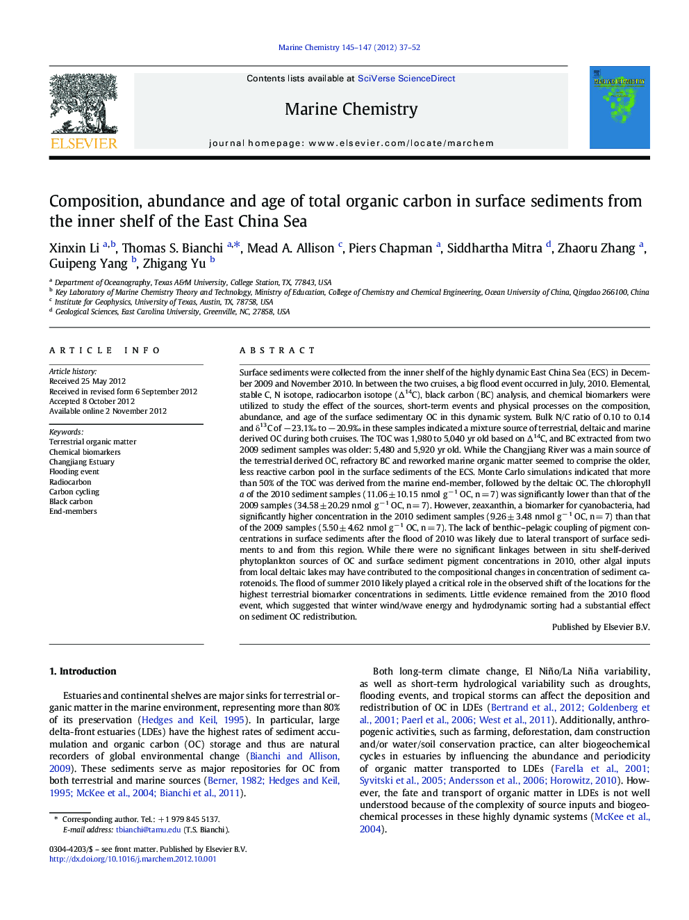 Composition, abundance and age of total organic carbon in surface sediments from the inner shelf of the East China Sea