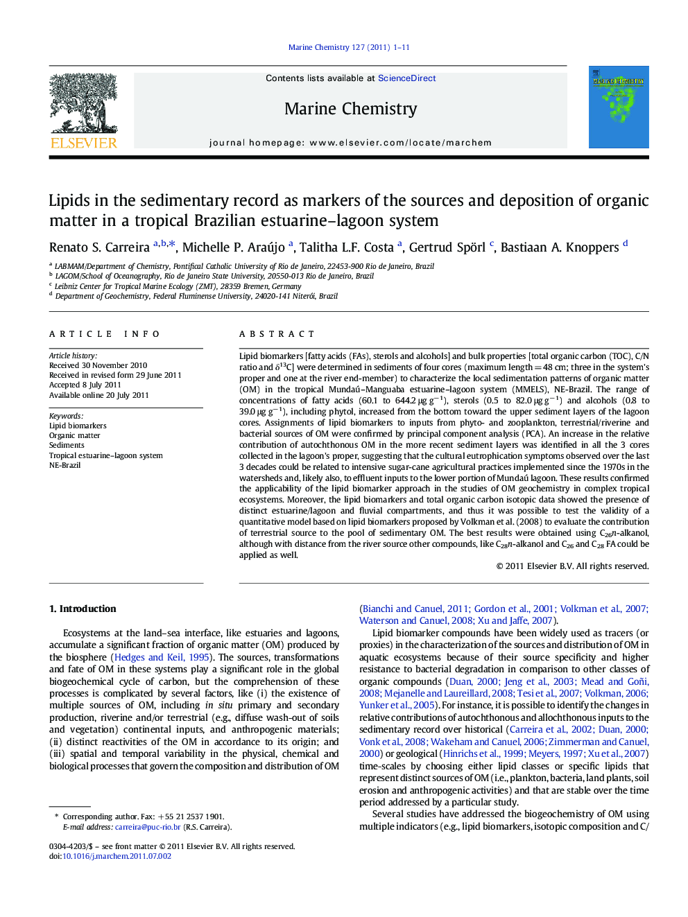 Lipids in the sedimentary record as markers of the sources and deposition of organic matter in a tropical Brazilian estuarine–lagoon system