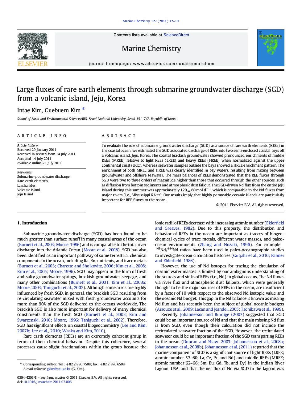 Large fluxes of rare earth elements through submarine groundwater discharge (SGD) from a volcanic island, Jeju, Korea