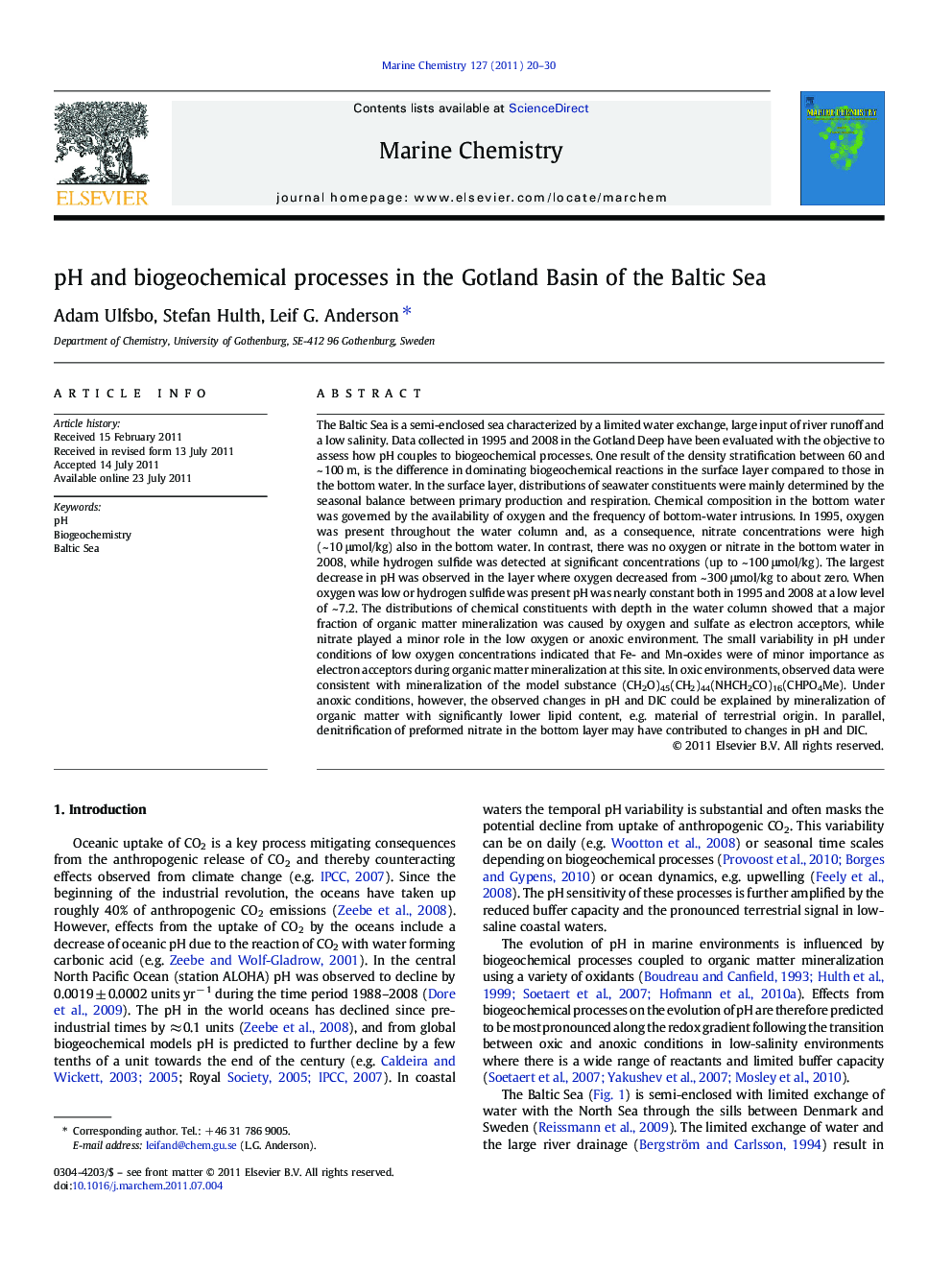 pH and biogeochemical processes in the Gotland Basin of the Baltic Sea