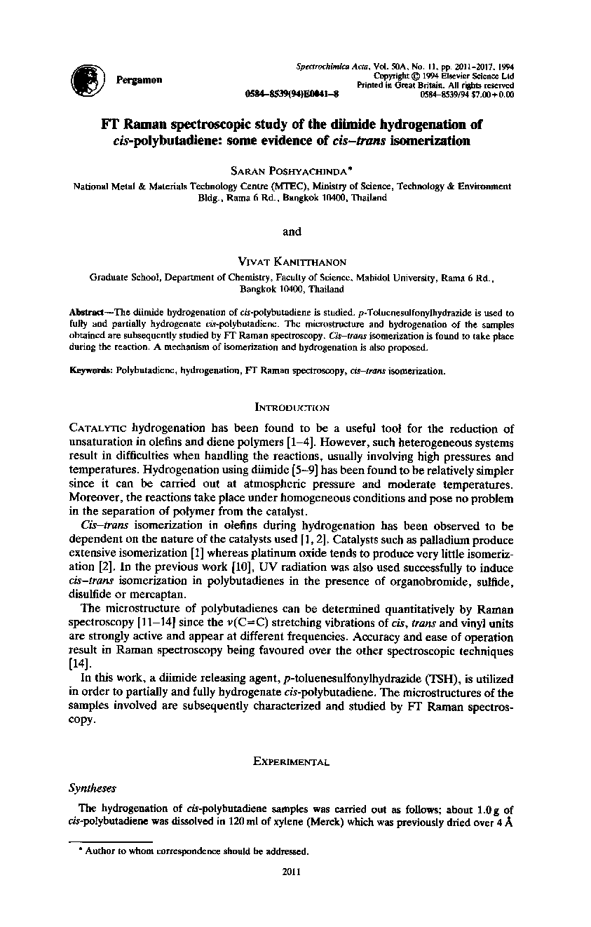 FT Raman spectroscopic study of the diimide hydrogenation of cis-polybutadiene: Some evidence of cis-trans isomerization