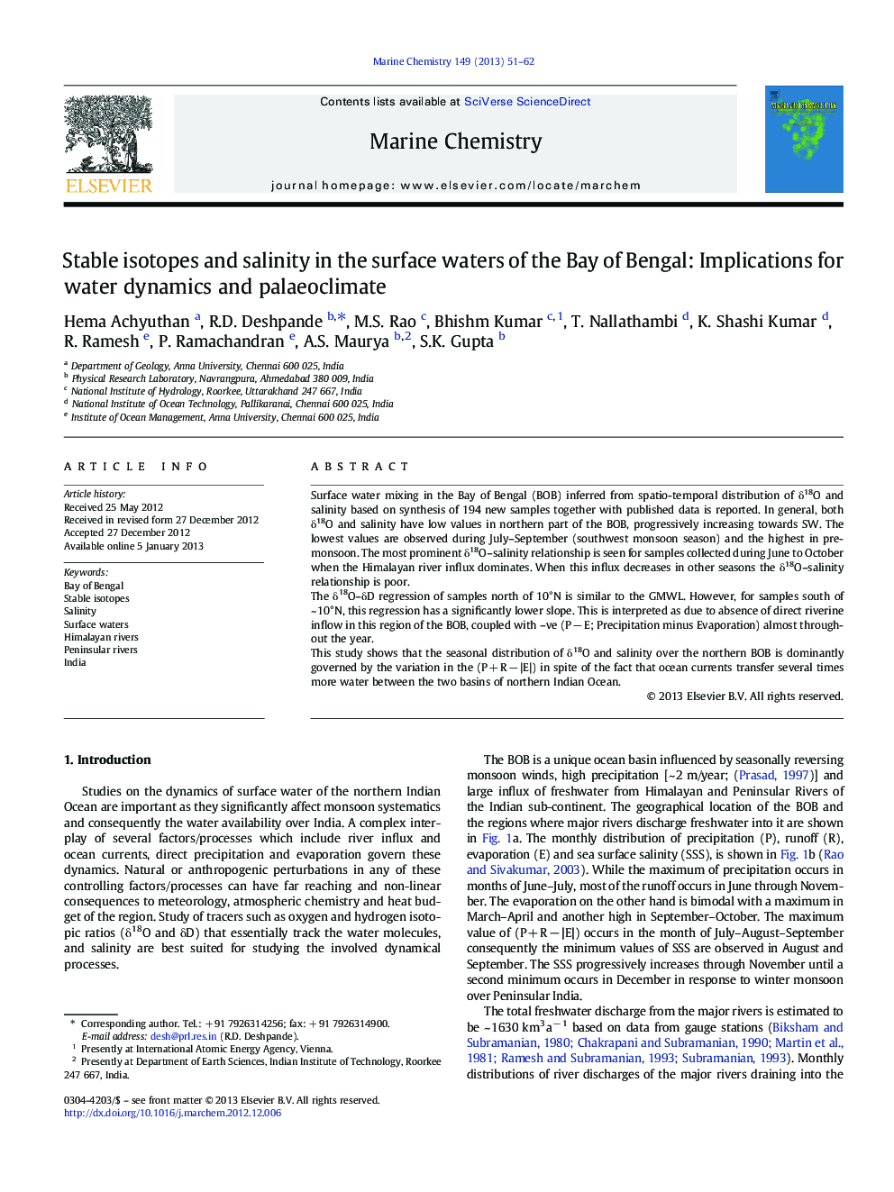 Stable isotopes and salinity in the surface waters of the Bay of Bengal: Implications for water dynamics and palaeoclimate