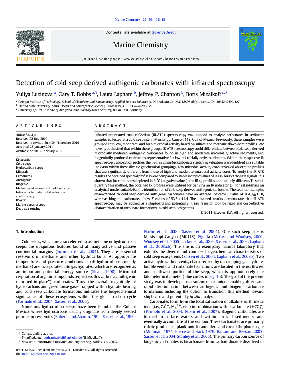 Detection of cold seep derived authigenic carbonates with infrared spectroscopy