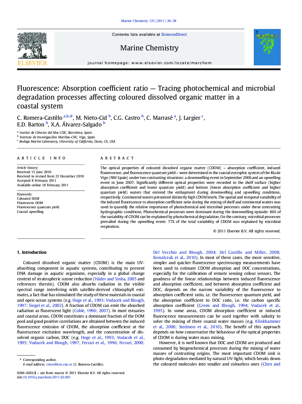 Fluorescence: Absorption coefficient ratio — Tracing photochemical and microbial degradation processes affecting coloured dissolved organic matter in a coastal system