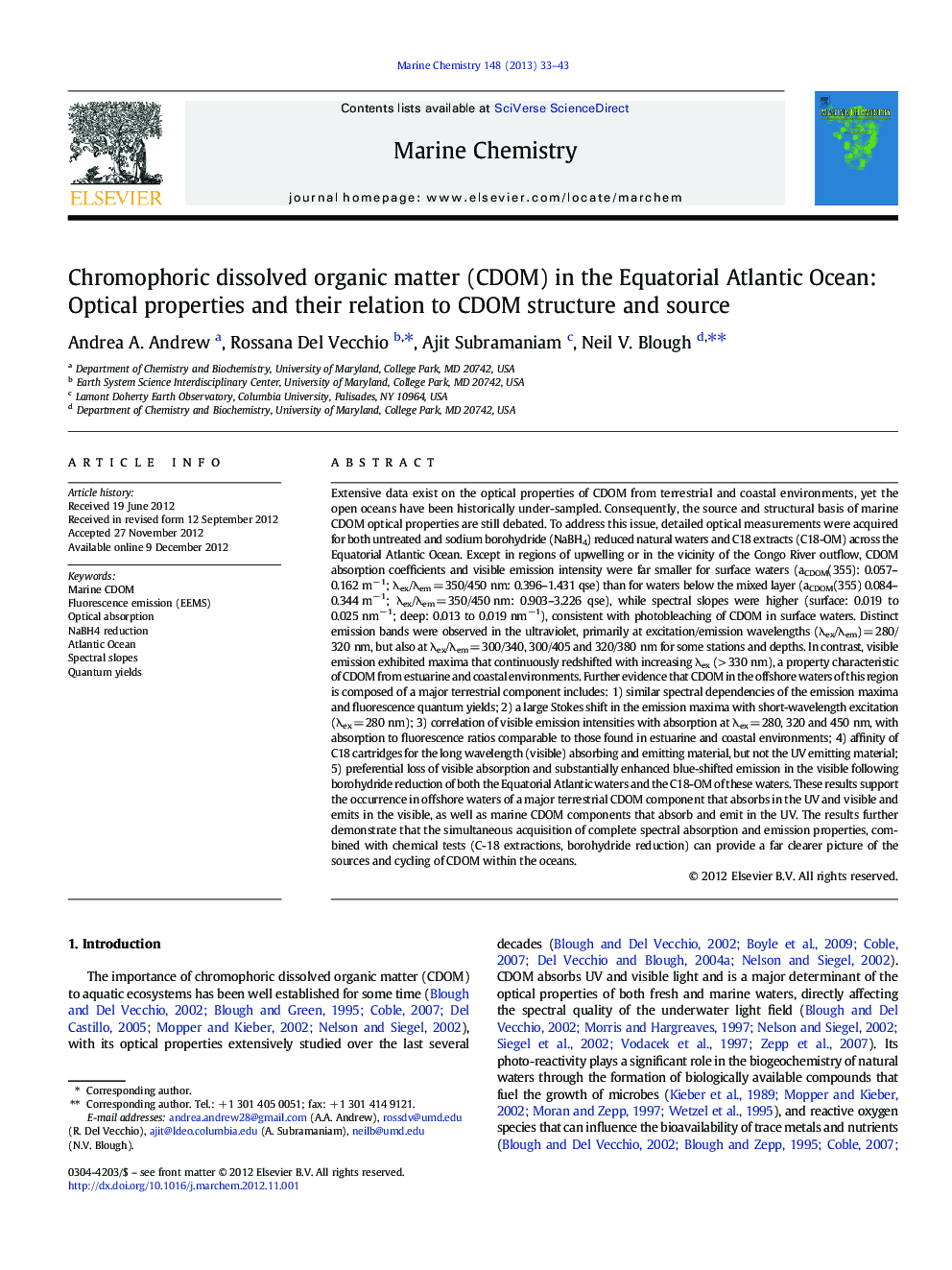 Chromophoric dissolved organic matter (CDOM) in the Equatorial Atlantic Ocean: Optical properties and their relation to CDOM structure and source