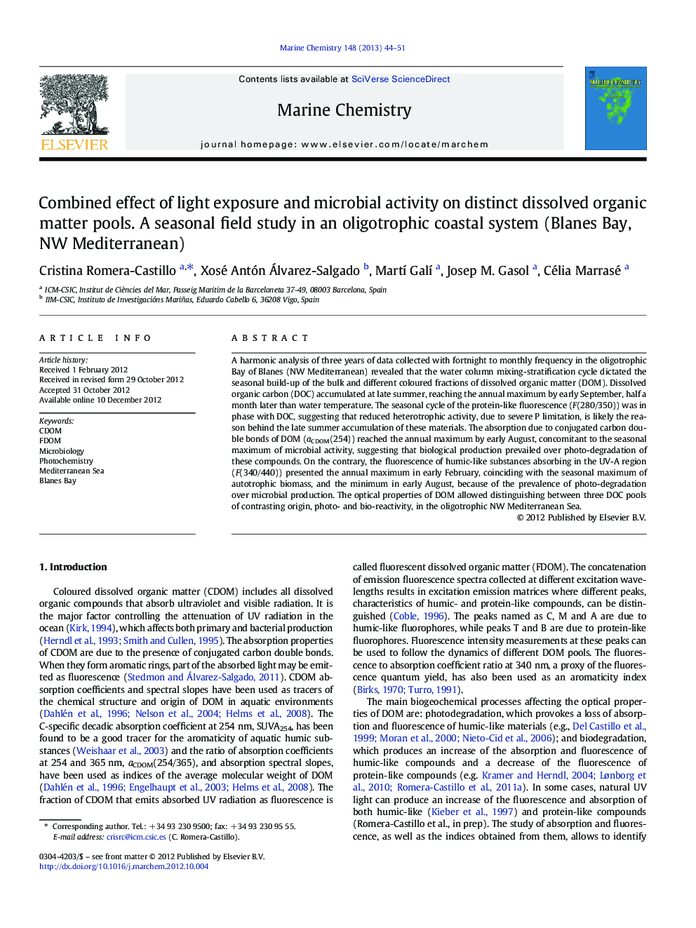 Combined effect of light exposure and microbial activity on distinct dissolved organic matter pools. A seasonal field study in an oligotrophic coastal system (Blanes Bay, NW Mediterranean)