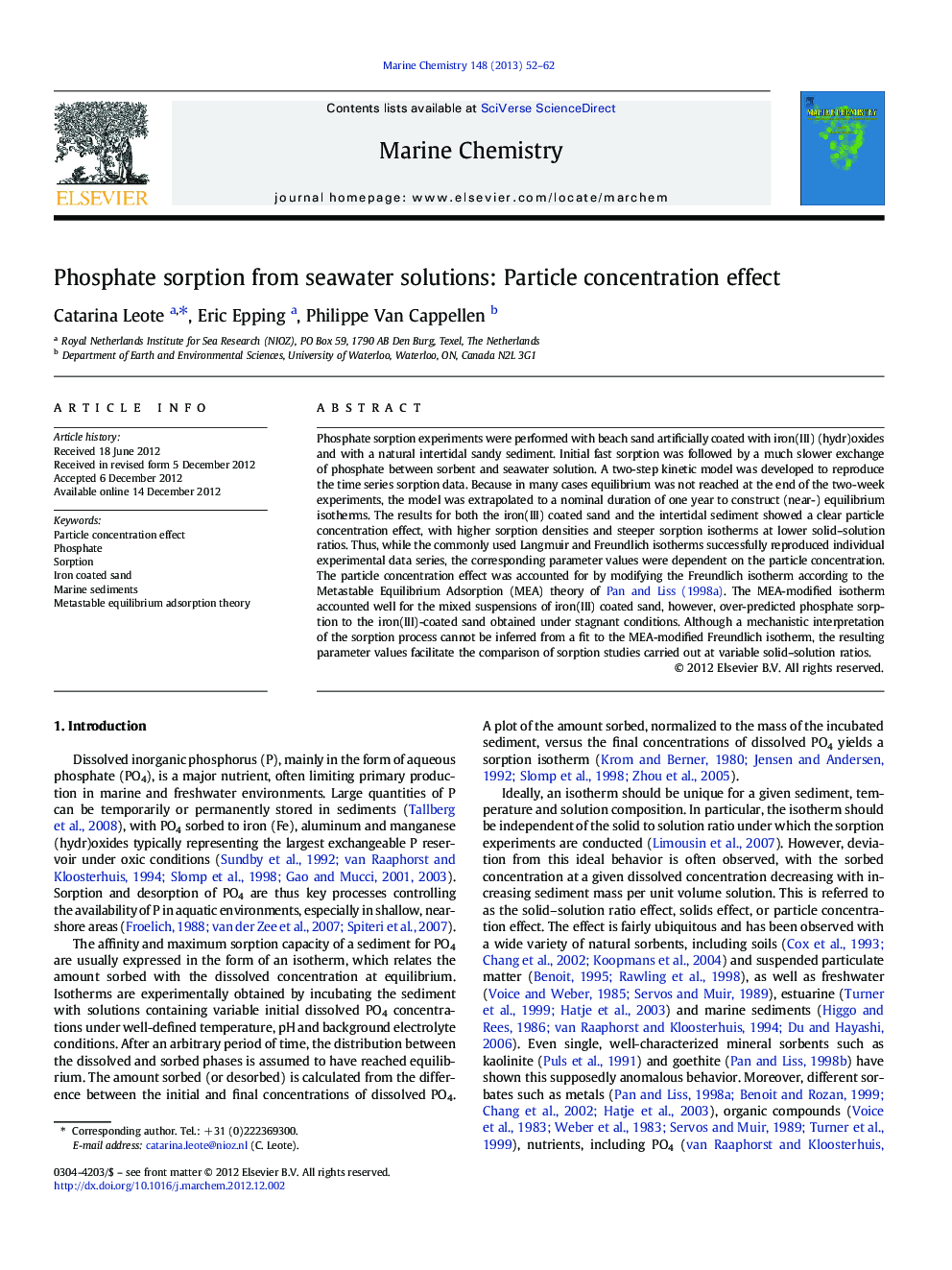 Phosphate sorption from seawater solutions: Particle concentration effect