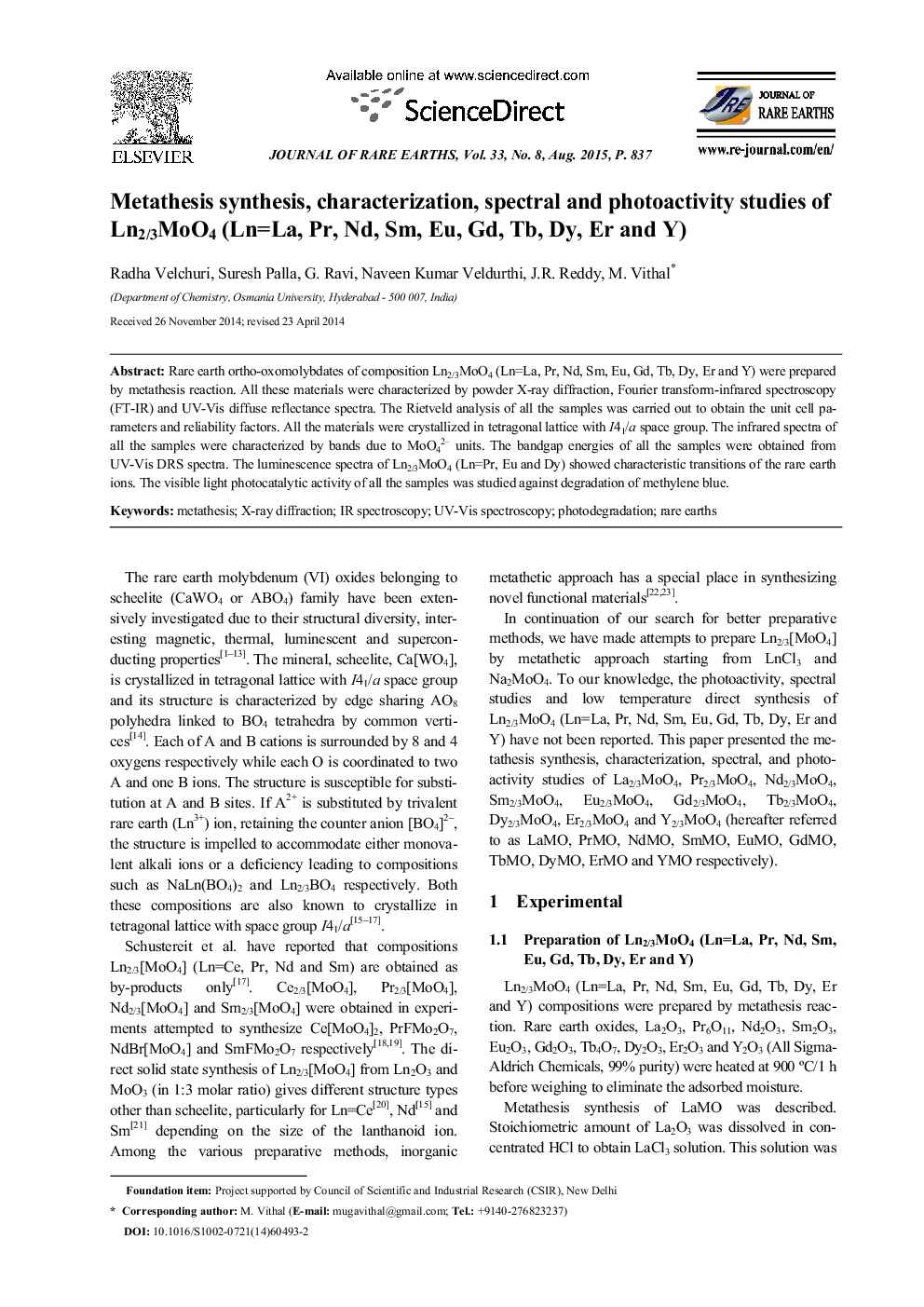 Metathesis synthesis, characterization, spectral and photoactivity studies of Ln2/3MoO4 (Ln=La, Pr, Nd, Sm, Eu, Gd, Tb, Dy, Er and Y) 