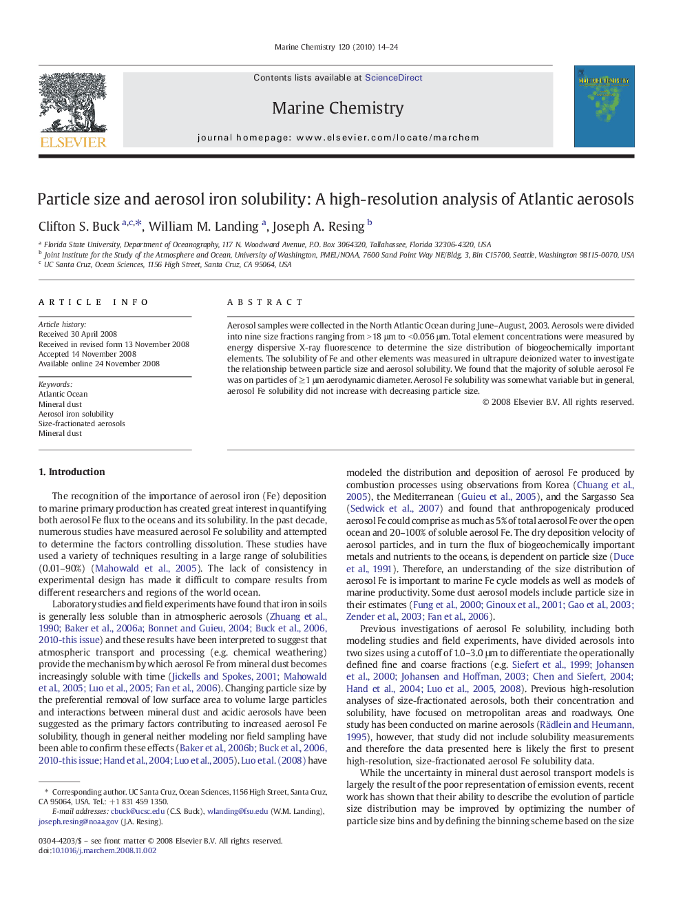 Particle size and aerosol iron solubility: A high-resolution analysis of Atlantic aerosols