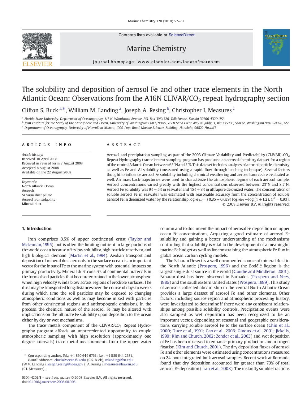 The solubility and deposition of aerosol Fe and other trace elements in the North Atlantic Ocean: Observations from the A16N CLIVAR/CO2 repeat hydrography section