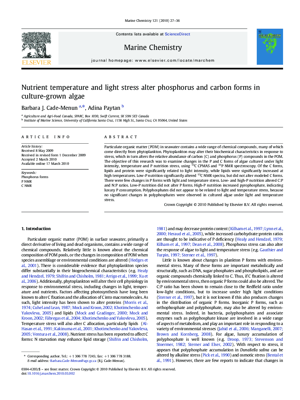 Nutrient temperature and light stress alter phosphorus and carbon forms in culture-grown algae