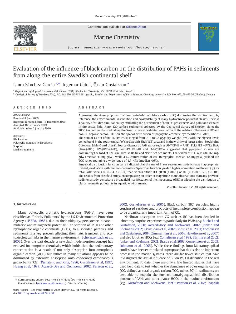 Evaluation of the influence of black carbon on the distribution of PAHs in sediments from along the entire Swedish continental shelf