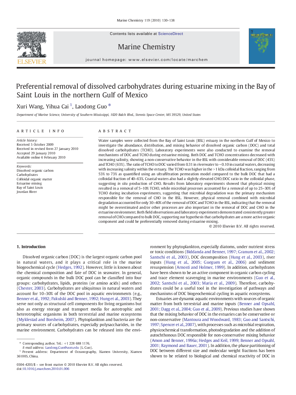 Preferential removal of dissolved carbohydrates during estuarine mixing in the Bay of Saint Louis in the northern Gulf of Mexico