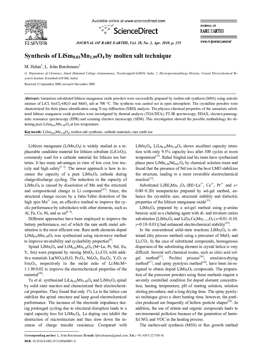 عکس صفحه اول مقاله: Synthesis of LiSm0.01Mn1.99O4 by molten salt technique Synthesis of LiSm0.01Mn1.99O4 by molten salt technique