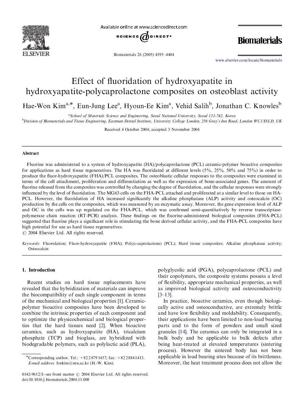 Effect of fluoridation of hydroxyapatite in hydroxyapatite-polycaprolactone composites on osteoblast activity