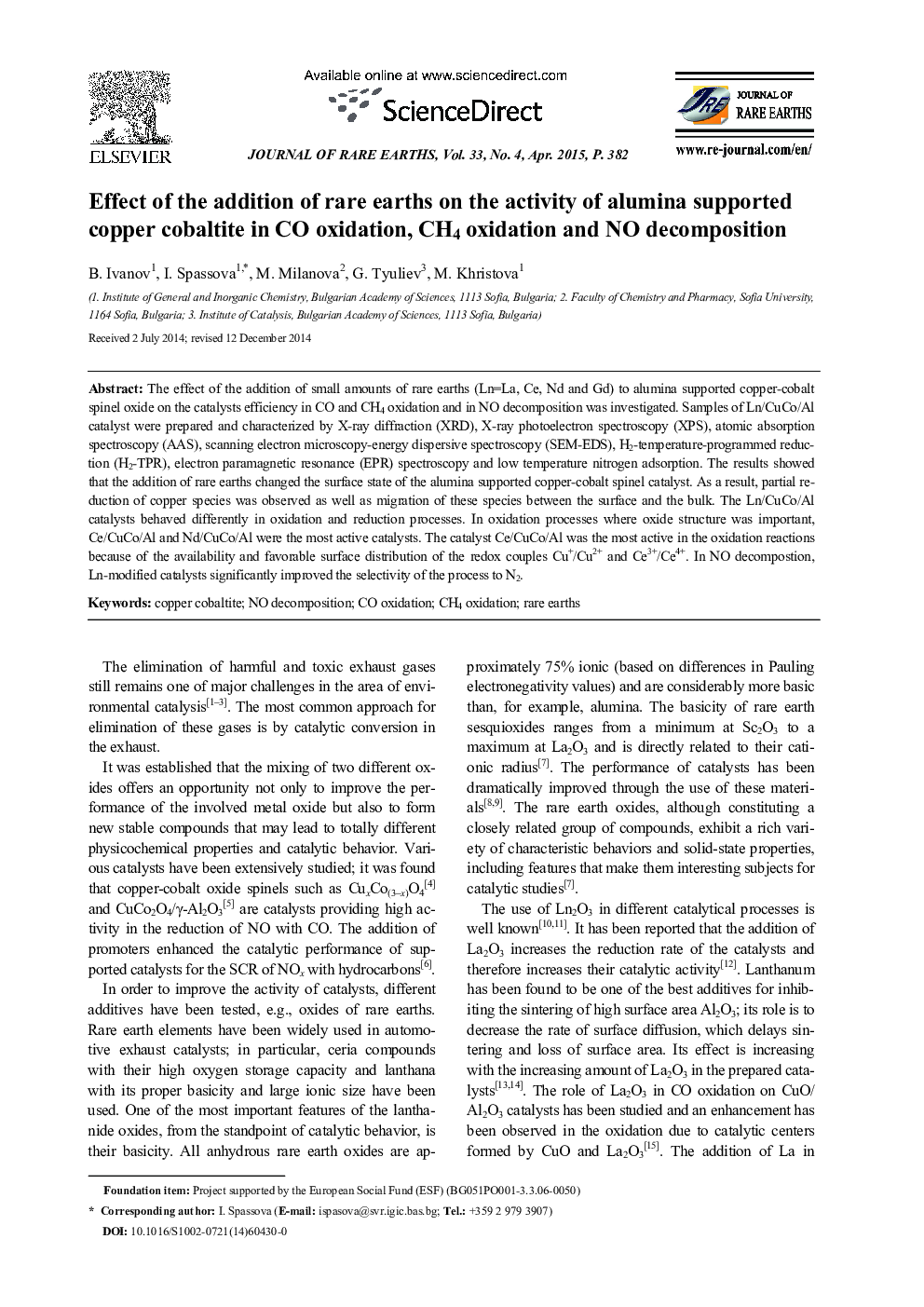 Effect of the addition of rare earths on the activity of alumina supported copper cobaltite in CO oxidation, CH4 oxidation and NO decomposition 